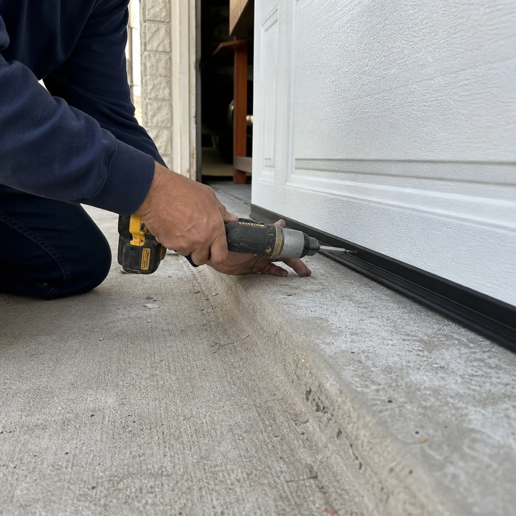 Technician using a power drill to install garage door bottom weather seal