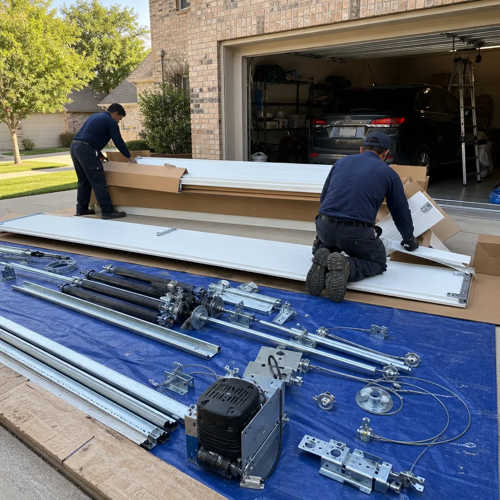 Two technicians preparing new garage door components for professional installation