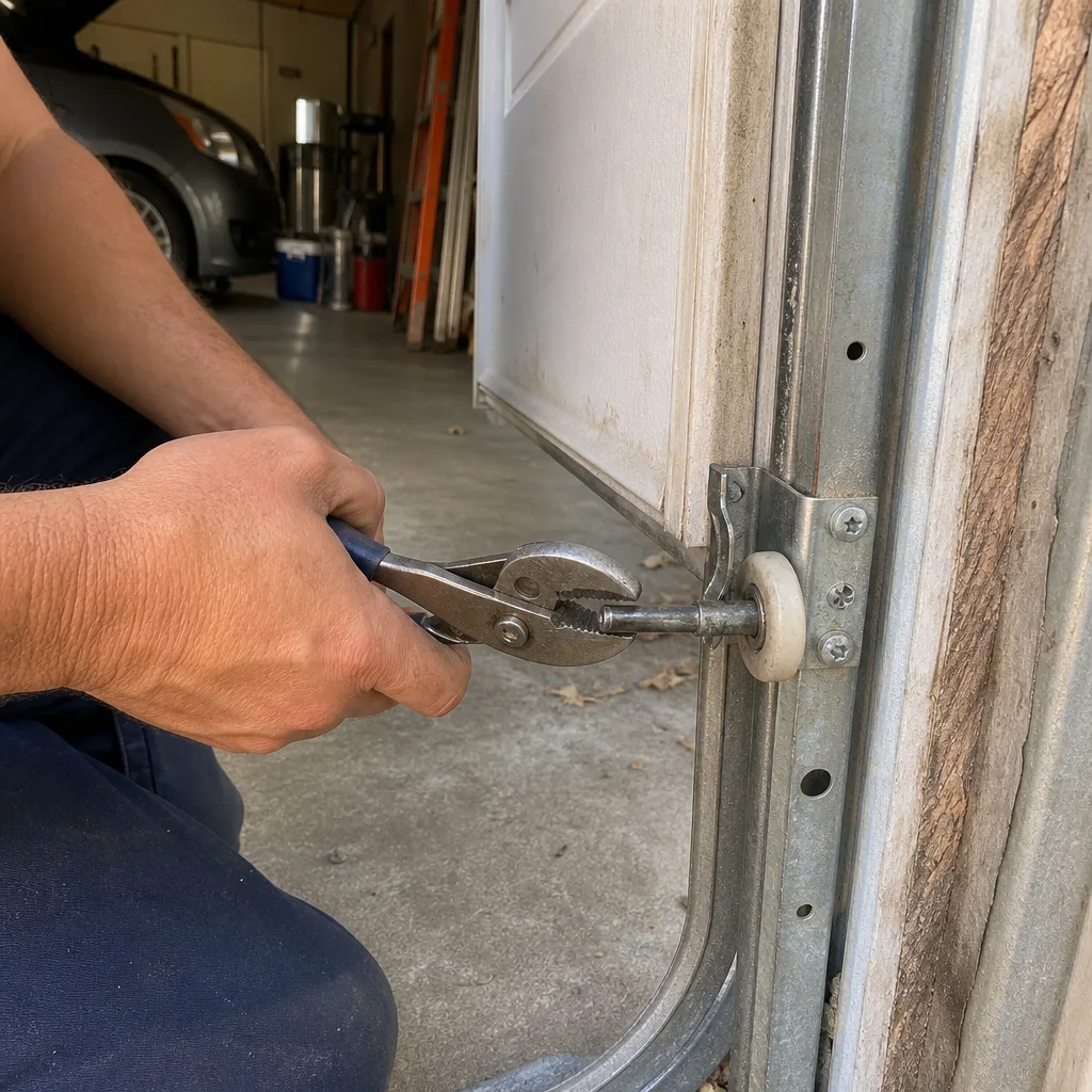 Technician using pliers to perform professional garage door roller repair