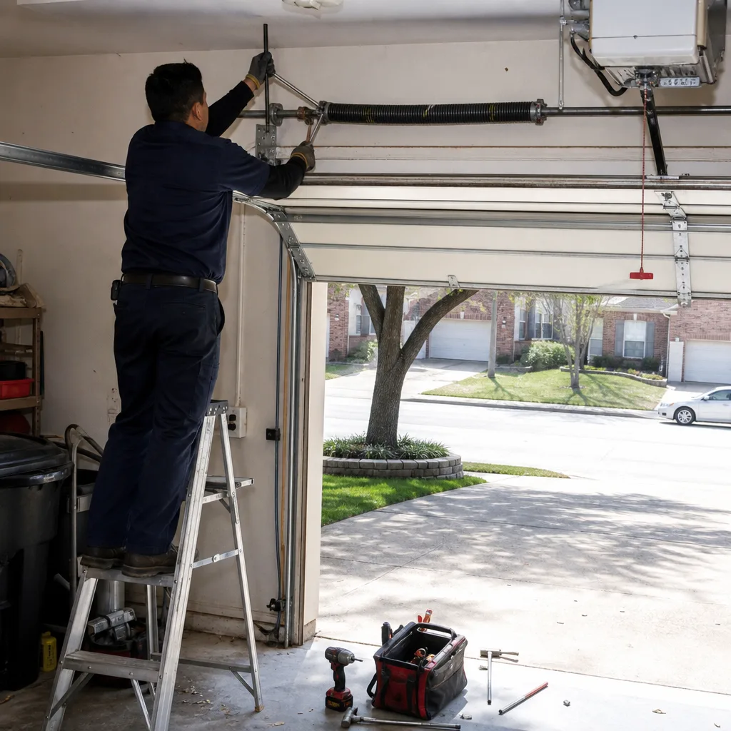 Technician performing professional garage door torsion spring repair services