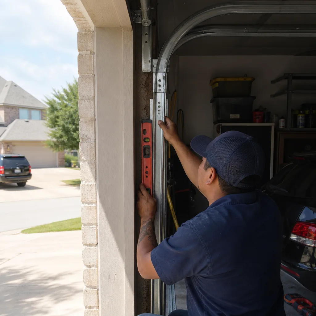 Technician checking garage door track alignment with a level