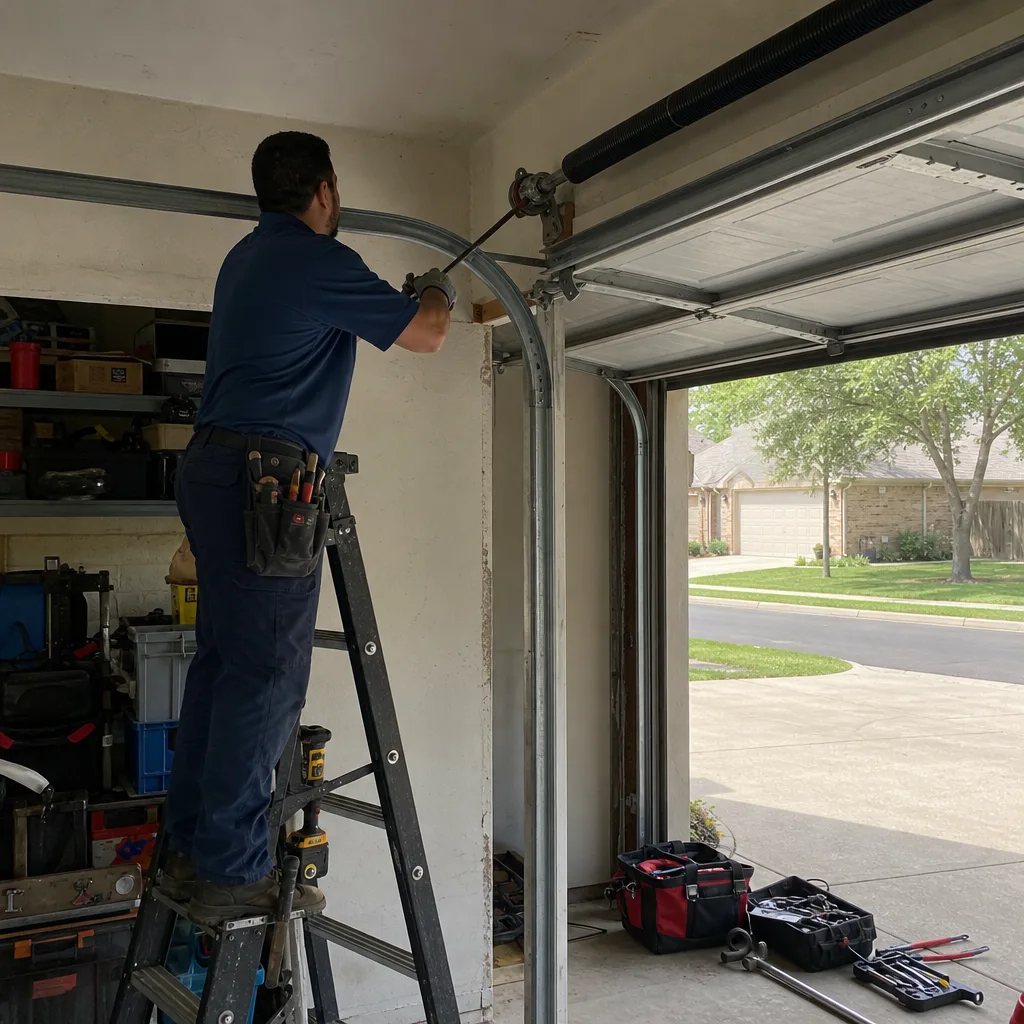Technician performing emergency garage door spring repair on a ladder in Plano, TX