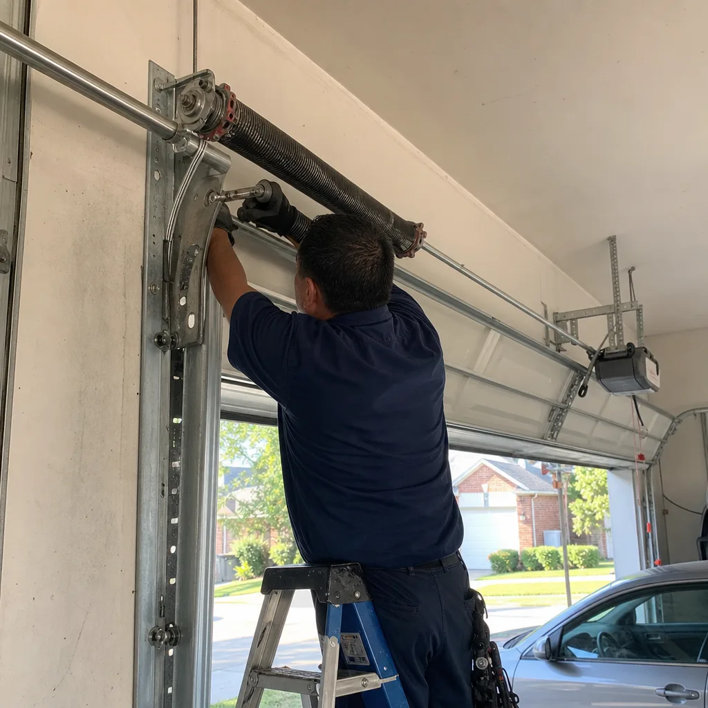 Technician performing emergency garage door spring repair and maintenance in Plano, TX