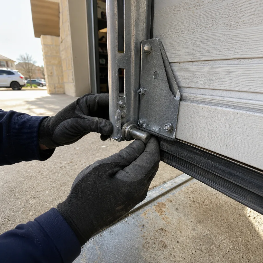 Technician performing professional garage door roller maintenance and repair in Plano, TX