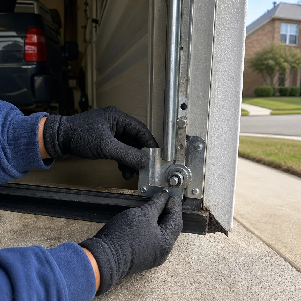 Technician replacing garage door hinge and roller assembly for professional repair in Plano, TX