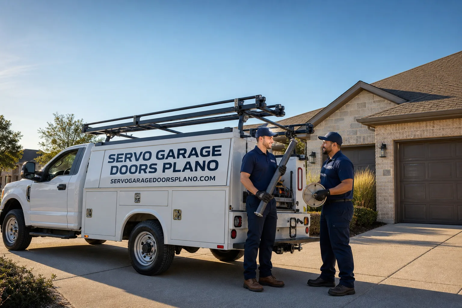 Servo Garage Doors Plano garage door service vehicle and crew in Plano, TX